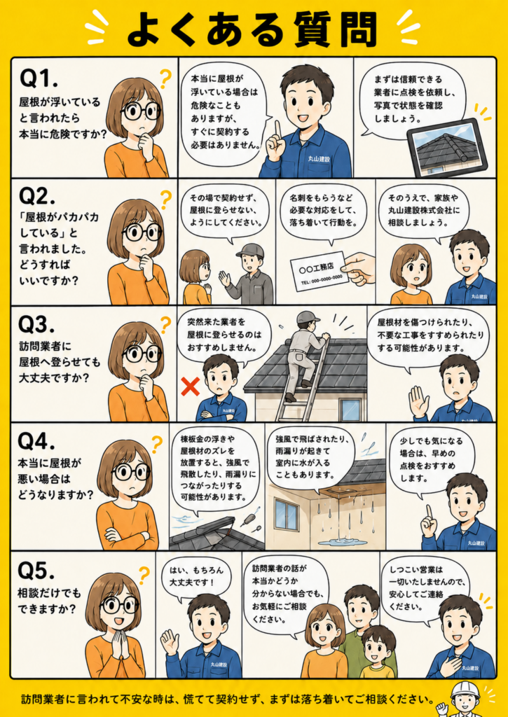 屋根が浮いていると言われた時や屋根がパカパカしていると言われた時の訪問営業への対処法を解説するFAQ漫画