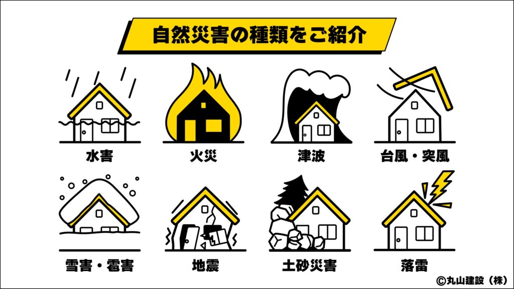 台風や地震など自然災害の種類と特徴をまとめて示した解説用イラストの一覧画像