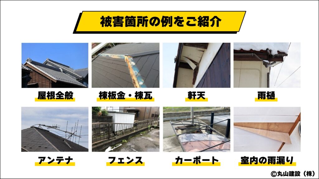 自然災害で被害を受けやすい屋根や雨樋など住宅の主要部位をまとめて示した被害箇所一覧の説明画像