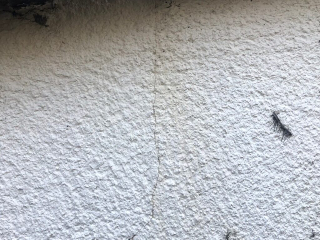 地震の影響により外壁表面にひび割れが広がり、劣化が進行している状況