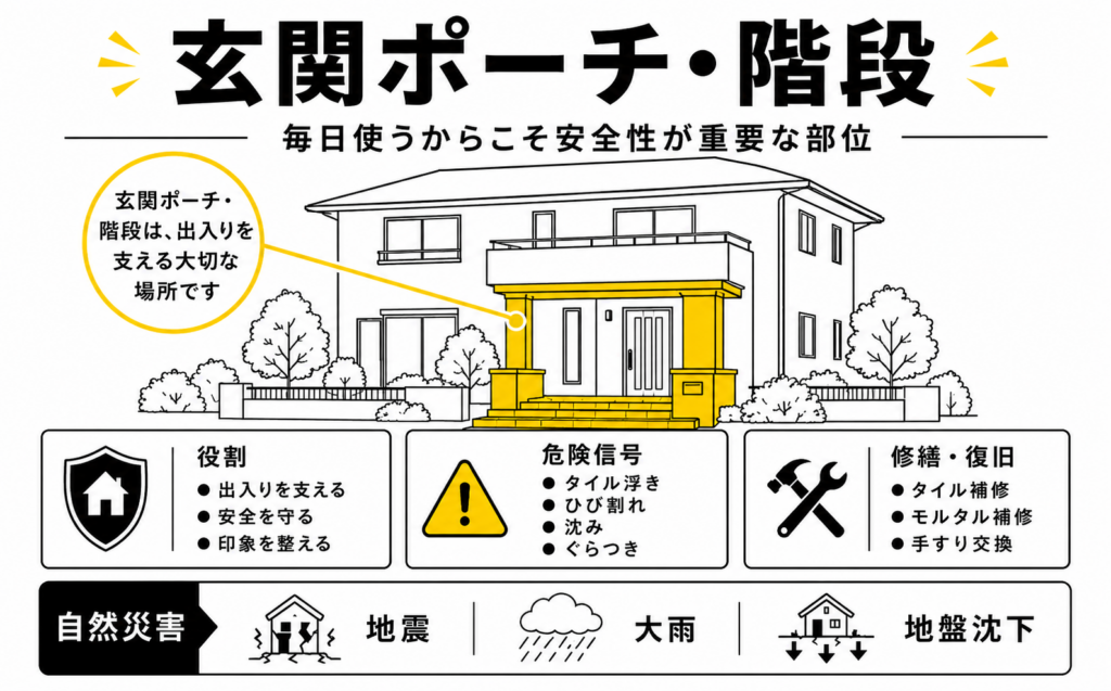 玄関ポーチと玄関階段のひび割れ・沈み・タイル浮きなどの危険信号を示した解説図