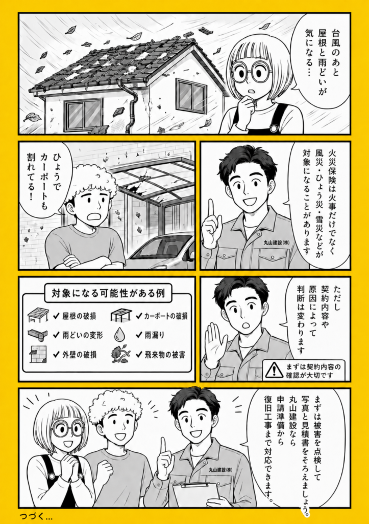 台風や雹で屋根や雨樋が壊れ火災保険の対象になるか相談する家族の白黒漫画