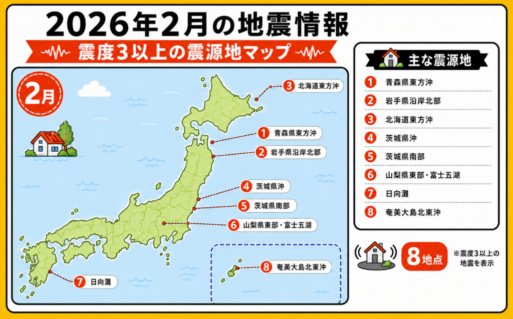 2026年2月に発生した震度3以上の地震について、日向灘、青森県東方沖、北海道東方沖、茨城県周辺の震源地を日本地図上に示したイラスト