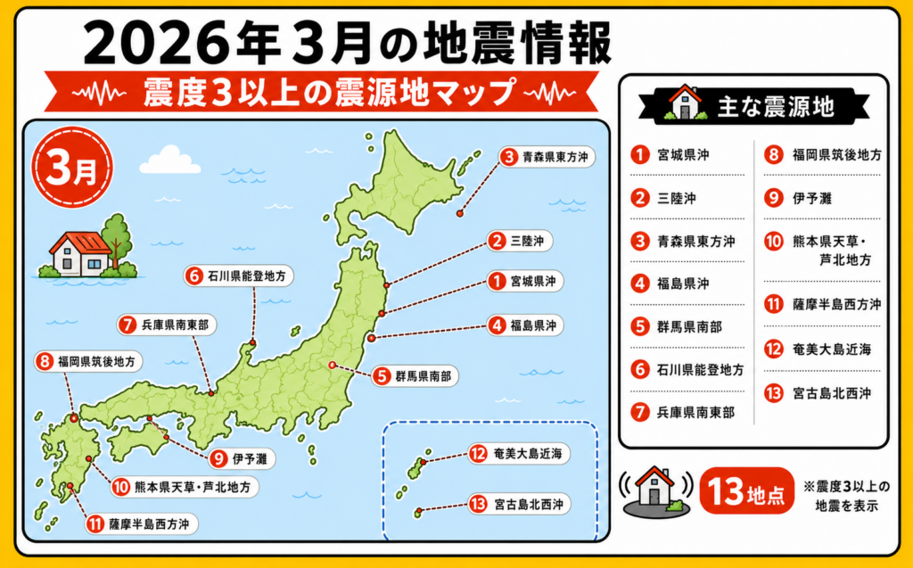 2026年3月に発生した震度3以上の地震について、三陸沖、宮城県沖、熊本県天草・芦北地方、福島県沖周辺の震源地を日本地図上に示したイラスト