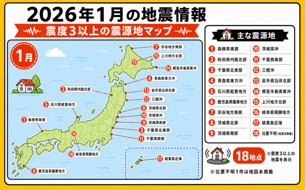2026年1月に発生した震度3以上の地震について、島根県東部、茨城県、千葉県、秋田県、青森県周辺の震源地を日本地図上に示したイラスト