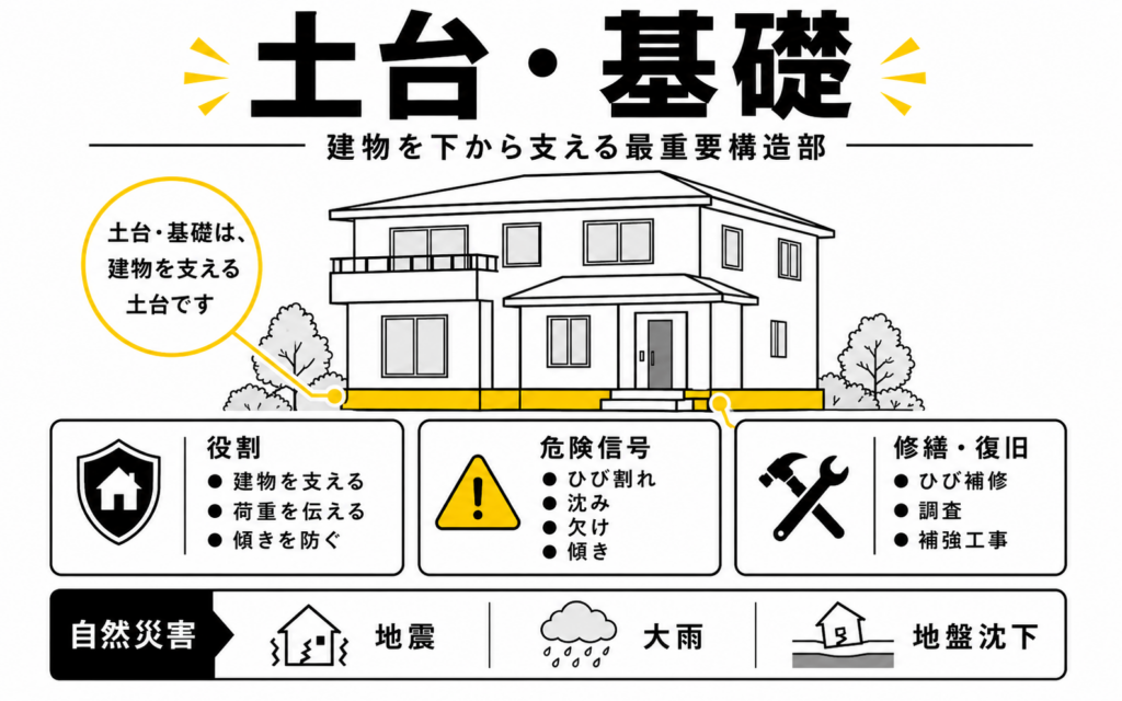 一戸建て住宅の土台と基礎の位置、ひび割れや沈下の危険信号を示した解説図