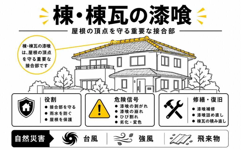 棟瓦の漆喰の位置、役割、ひび割れ・剥がれなどの劣化症状を示した解説図