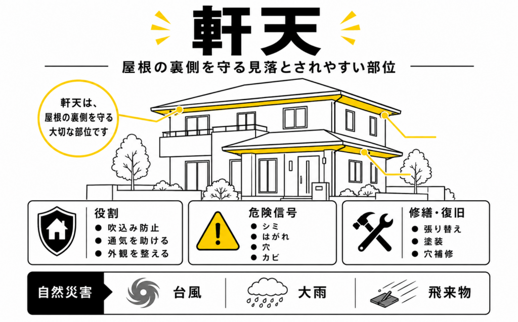 軒天の位置、雨漏り・湿気・剥がれなどの危険信号を示した住宅外部の解説図