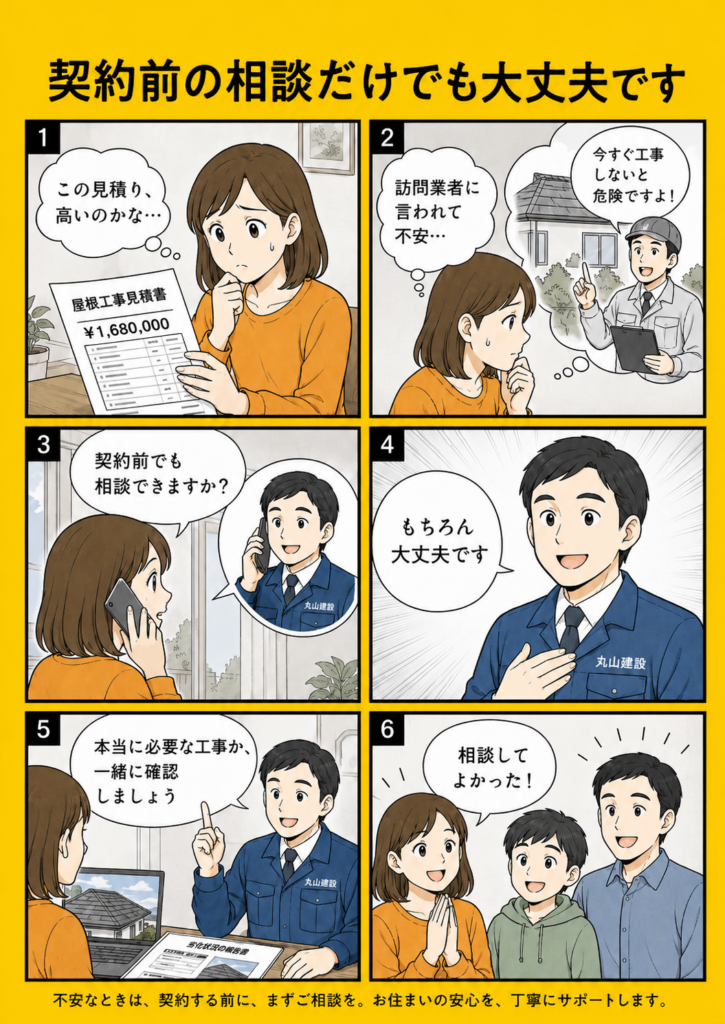 屋根工事の契約前に丸山建設株式会社へ相談できることを伝える漫画