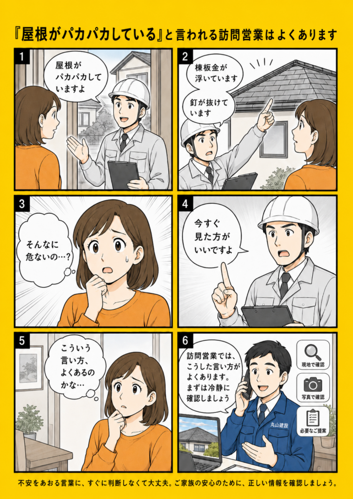 屋根がパカパカしていると言われた訪問営業への注意点を解説する漫画