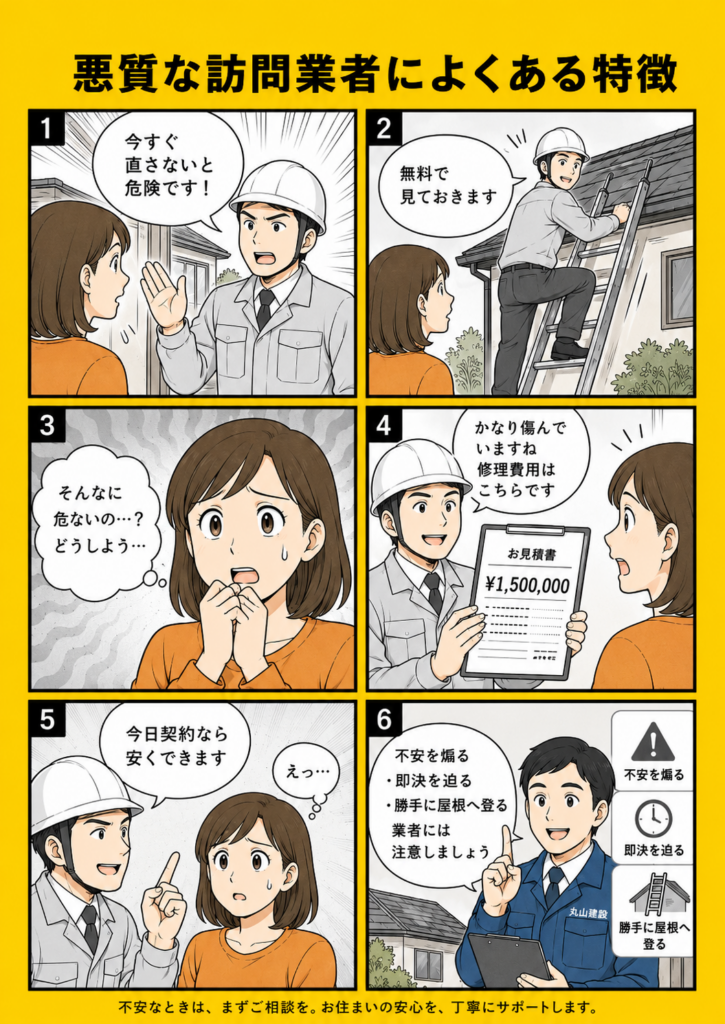 屋根修理の悪質な訪問業者が不安を煽り高額見積もりを出す例を解説する漫画