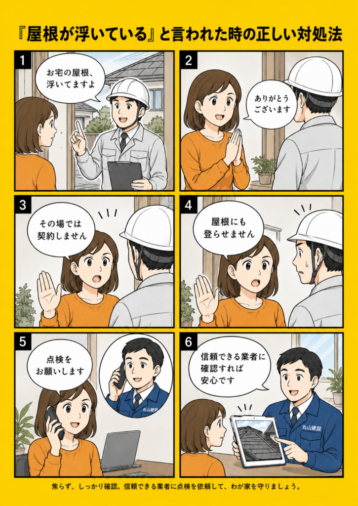 屋根が浮いていると言われた時に契約せず点検を依頼する正しい対処法の漫画