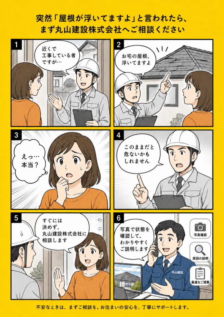 近くで工事中の業者に屋根が浮いていると言われた時の対処法を解説する漫画