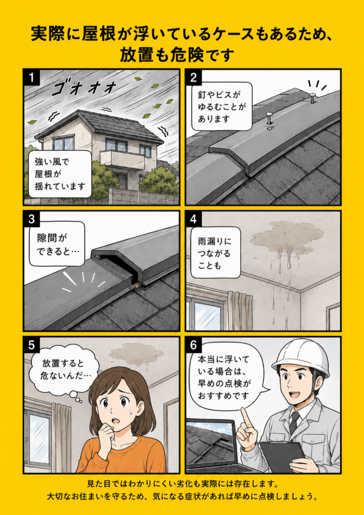 棟板金や屋根材が浮いて雨漏りにつながる危険性を解説する漫画