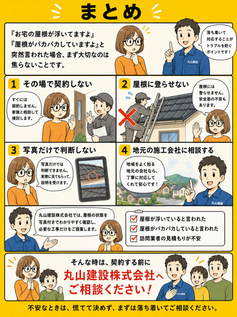 屋根が浮いている・屋根がパカパカしていると訪問業者に言われた時の注意点と丸山建設株式会社への相談方法をまとめた漫画