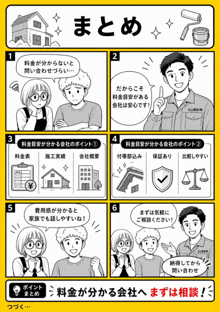 外壁塗装や屋根塗装は問い合わせ前に料金目安が分かる会社へ相談すると安心できることをまとめた漫画