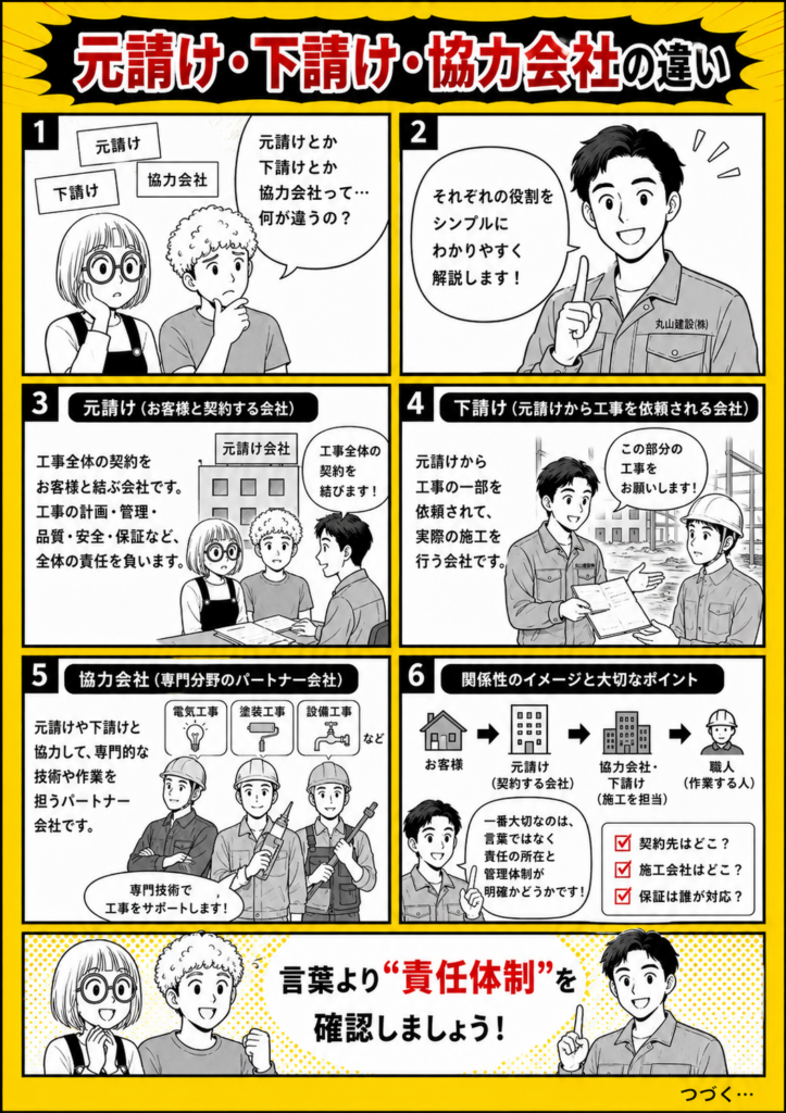 リフォーム工事における元請け・下請け・協力会社の違いと責任体制の確認ポイントを解説する漫画