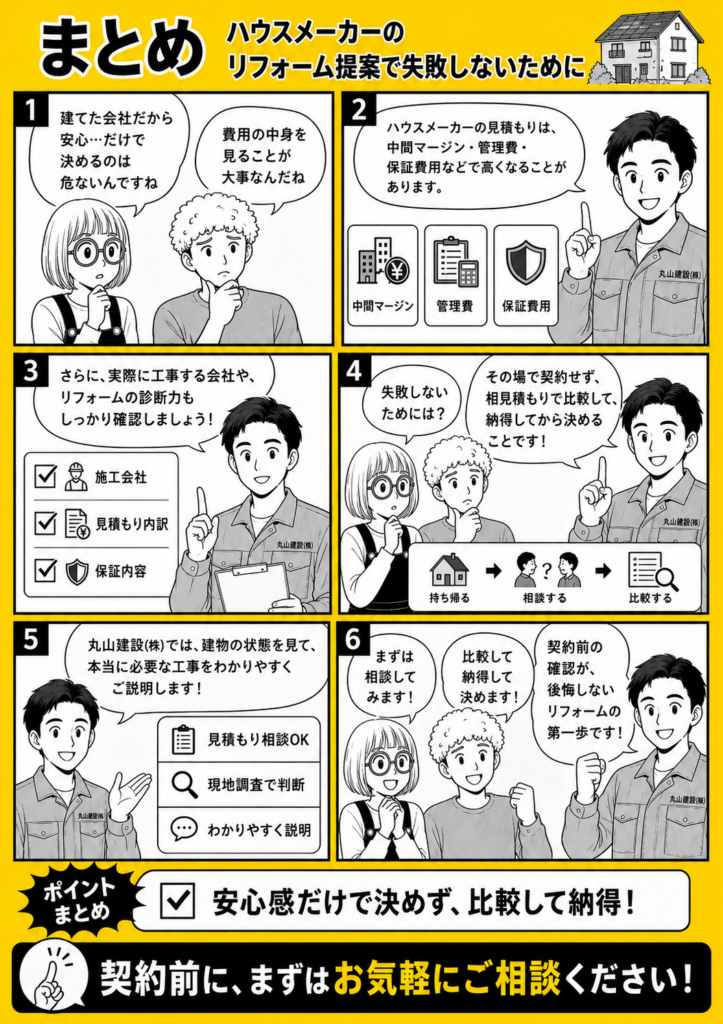 ハウスメーカーのリフォーム費用や施工体制、相見積もり、地域施工会社への相談メリットをH2ごとに整理した漫画一覧