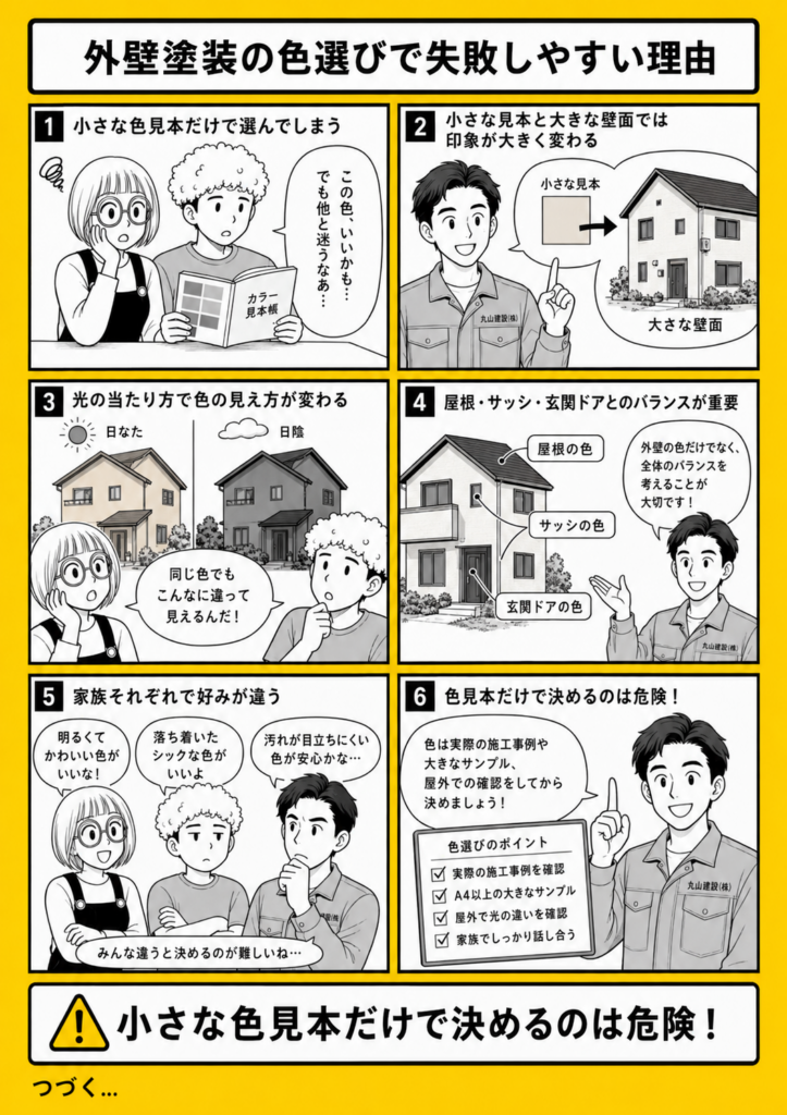 外壁塗装の色選びで小さな色見本だけでは仕上がりを想像しにくい理由を解説する漫画