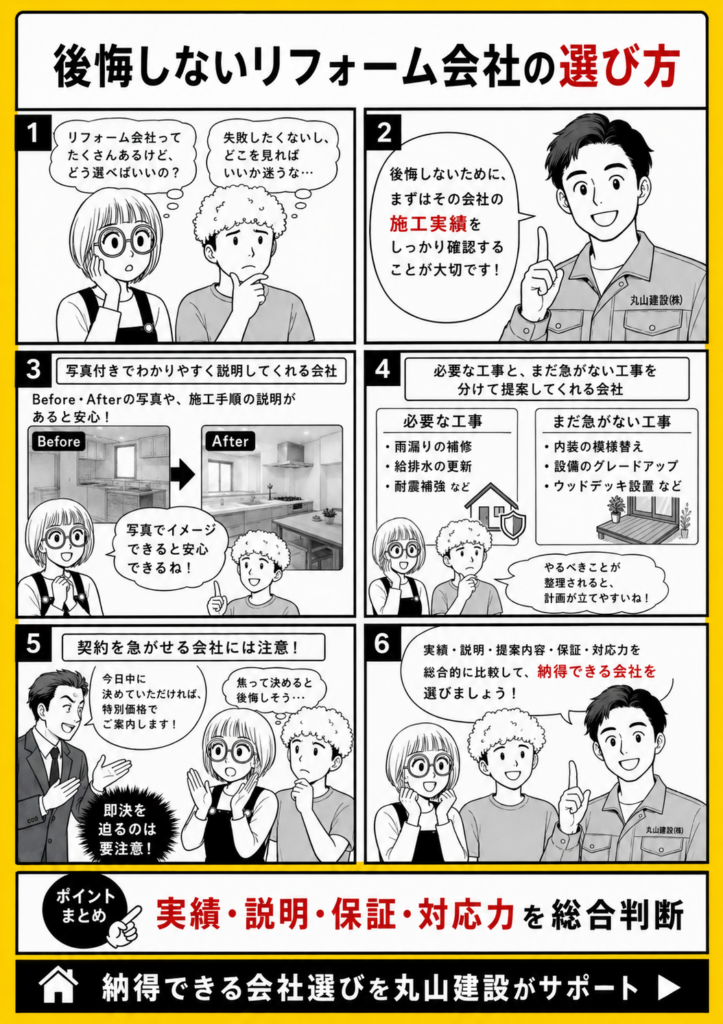 リフォーム会社を選ぶ際に、施工実績・説明のわかりやすさ・保証・契約を急がせない対応を確認する漫画