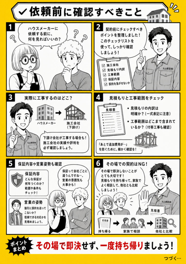 ハウスメーカーへリフォームを依頼する前に、施工会社・見積もり内訳・保証内容を確認する重要性を解説する漫画
