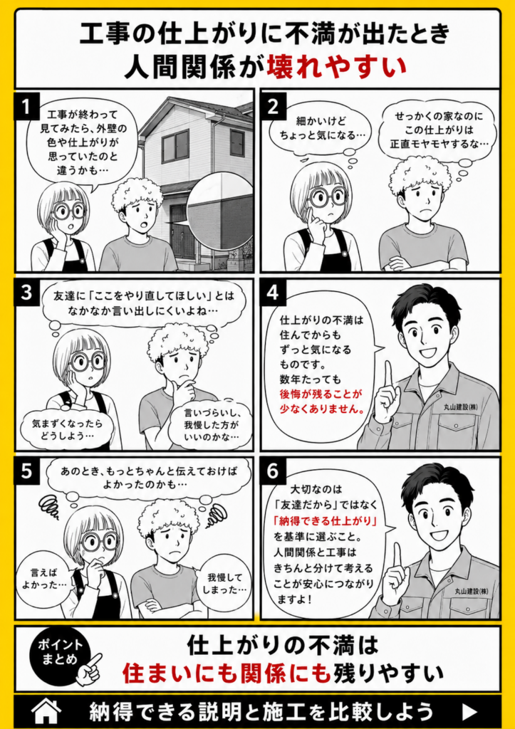 知り合いに依頼したリフォームの仕上がりに不満があっても言いづらく、人間関係が悪化しやすい理由を解説する漫画