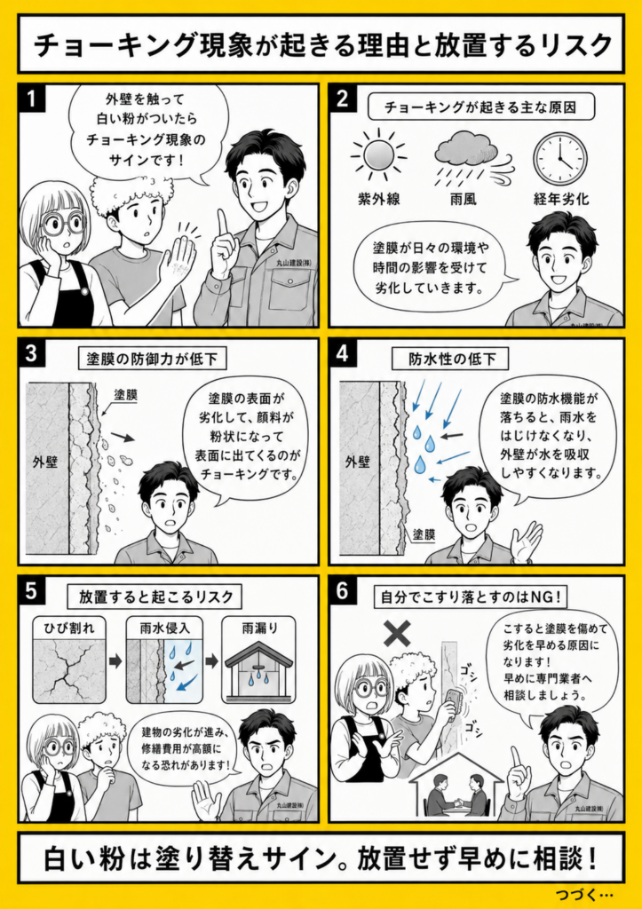 外壁を触ると白い粉がつくチョーキング現象の原因と、防水性低下や雨漏りにつながるリスクを解説する漫画