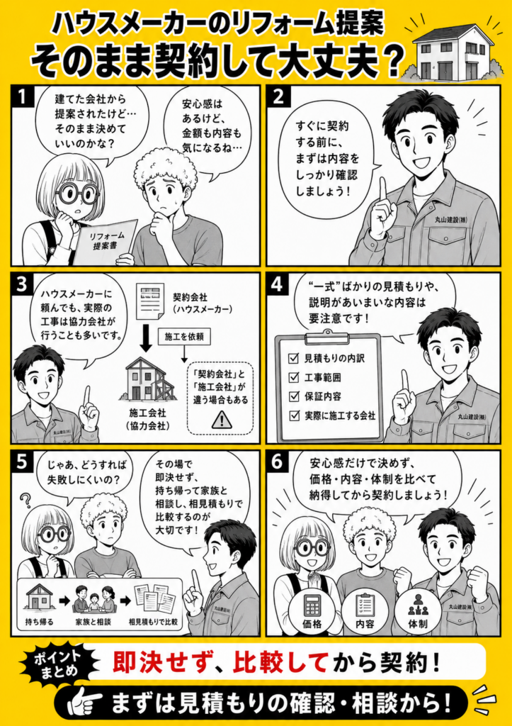 ハウスメーカーのリフォーム提案をそのまま契約してよいか迷う夫婦に、契約前の比較と見積もり確認の重要性を解説する漫画