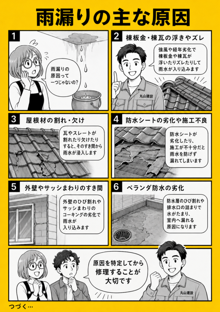 雨漏りの主な原因として棟板金、棟瓦、屋根材の割れ、防水シート、外壁やベランダの劣化を解説する漫画