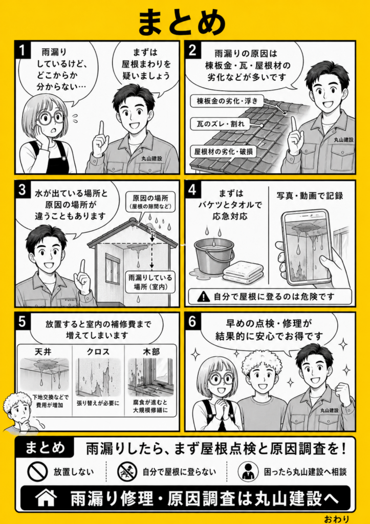 雨漏りしたらまず屋根まわりを疑い、放置せず早めに原因調査と修理相談をする重要性をまとめた漫画