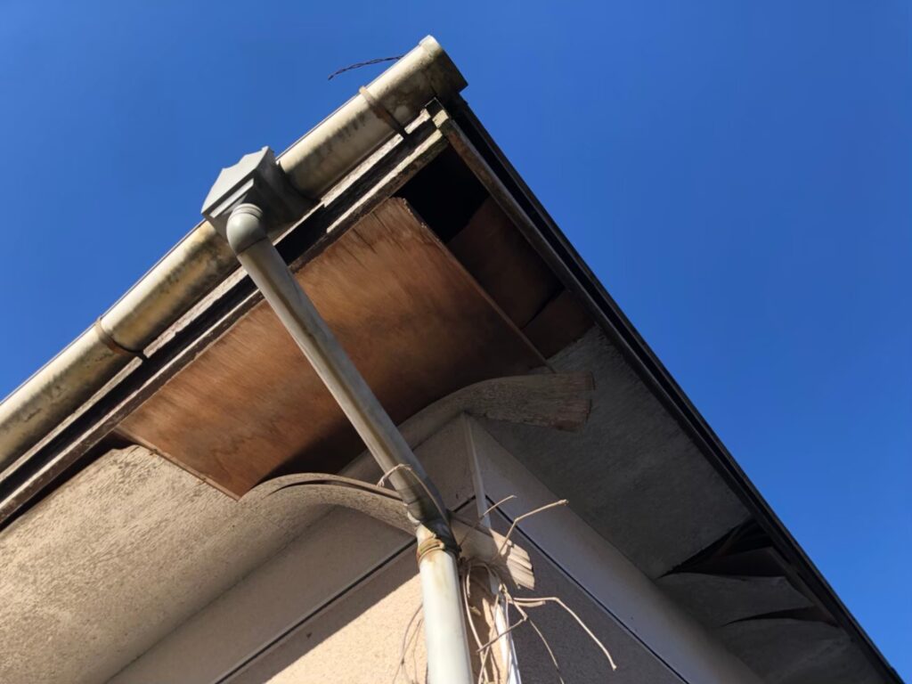 湿気や雨水の影響で軒天が腐食し、剥がれが発生している状態