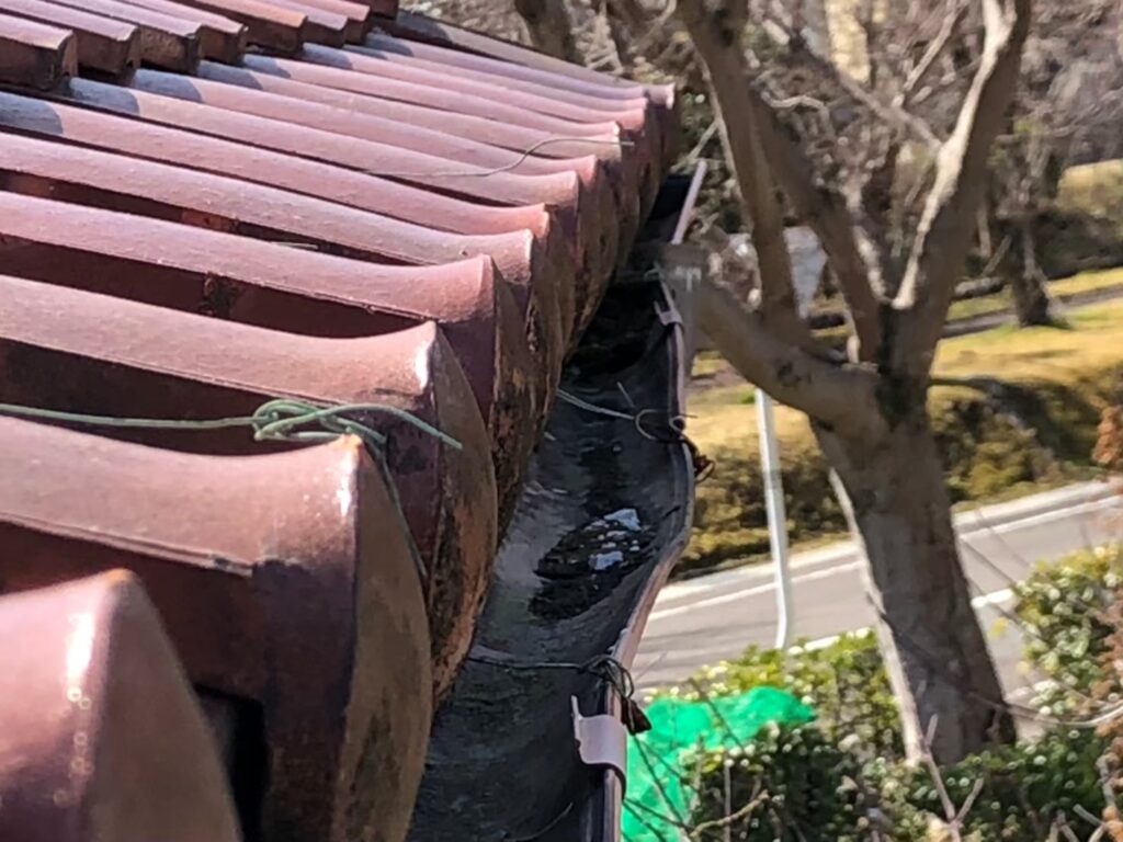 強風の影響により雨樋が大きく歪んでいる状態