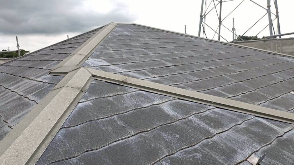 屋根材に黒ずみ汚れが発生し、防水性能が低下している状態