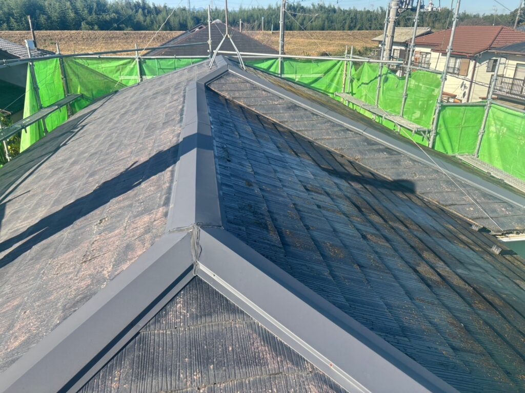 経年劣化で屋根表面に汚れ・苔が広がっている状態