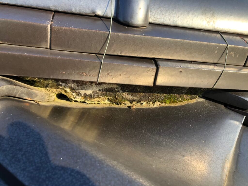 瓦屋根の棟部分で漆喰が腐食し、黒ずみや欠損が確認できる様子