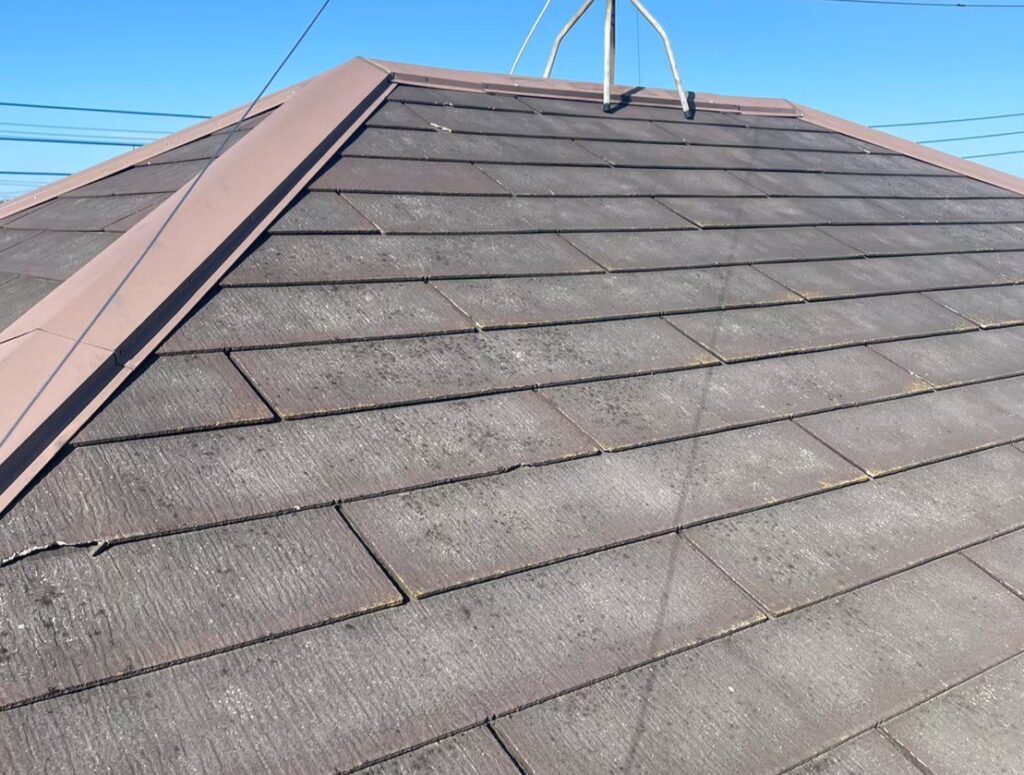 屋根材に黒ずみ汚れが発生し、防水性能が低下している状態