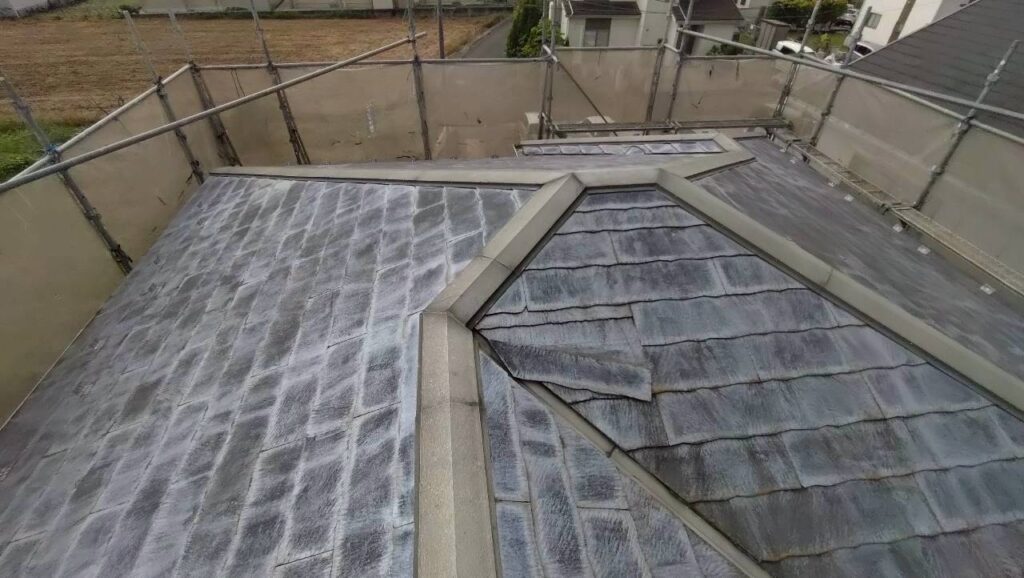屋根材に黒ずみ汚れが発生し、防水性能が低下している状態