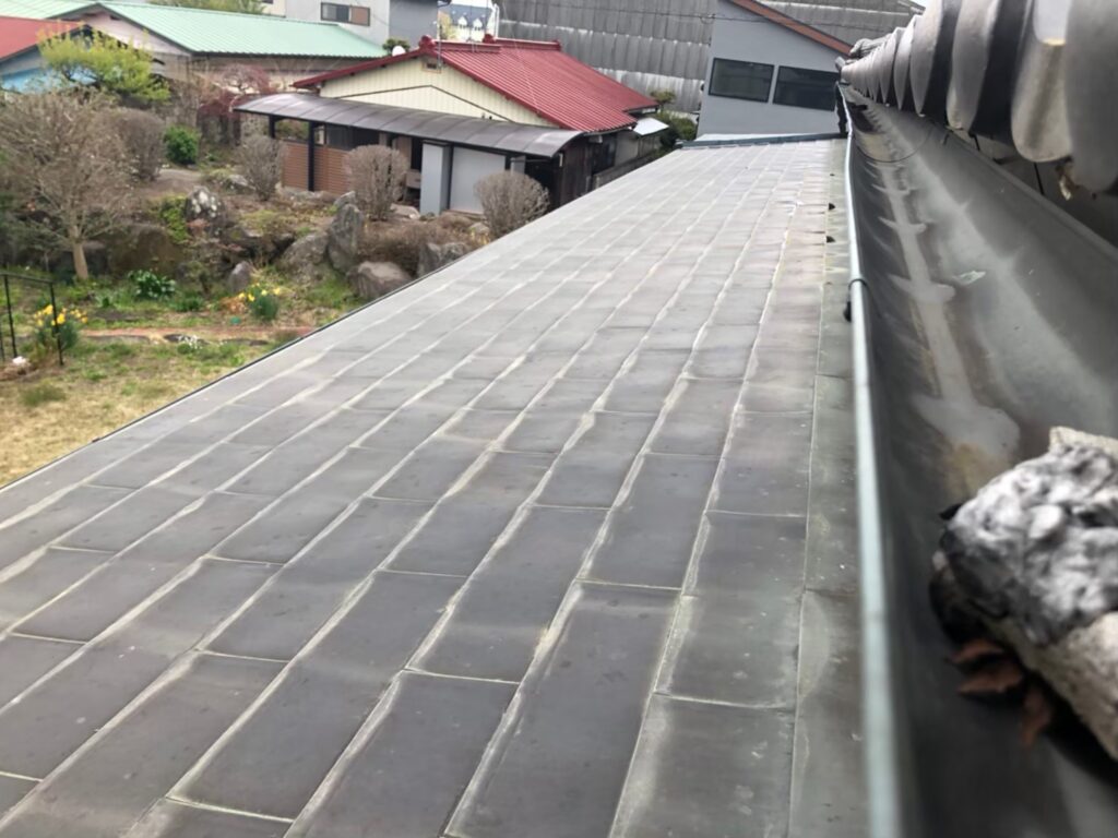 屋根材に黒ずみ汚れが発生し、防水性能が低下している状態