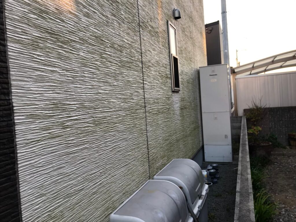 経年劣化により外壁に藻やカビの汚れが発生している状態