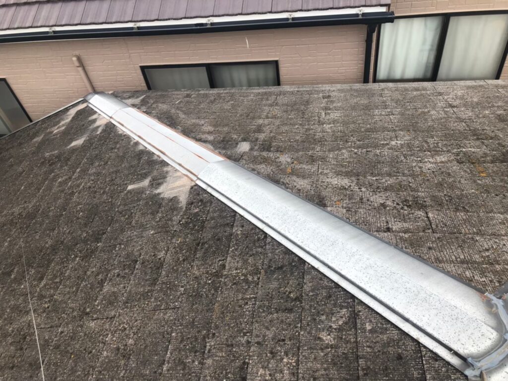 屋根全体が色あせ、塗膜の劣化が進行している状態