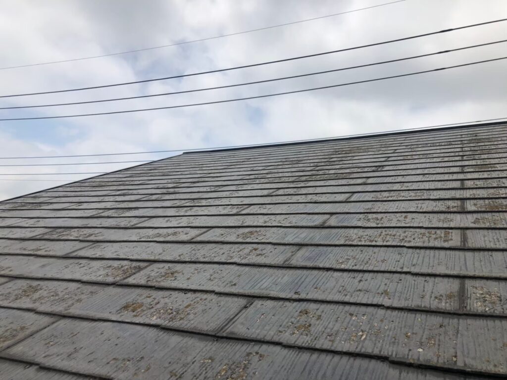 屋根全体が色あせ、塗膜の劣化が進行している状態