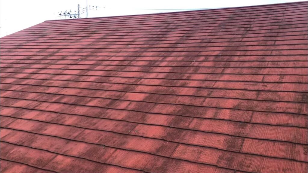 屋根材に黒ずみ汚れが発生し、防水性能が低下している状態