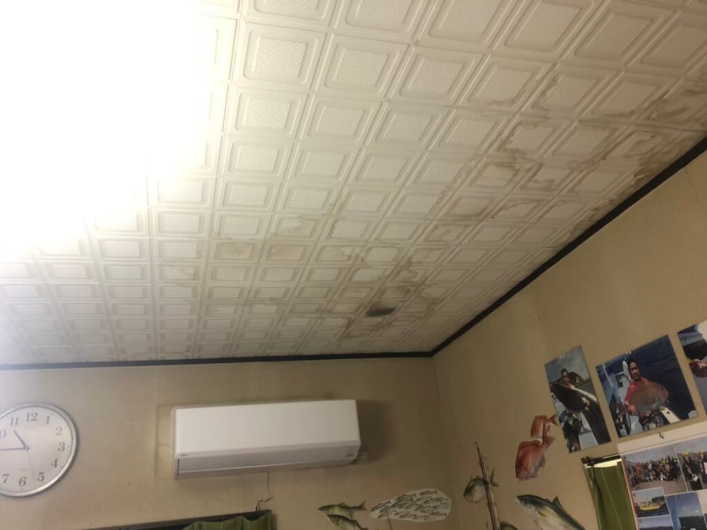 室内の天井に雨漏りでシミが広がっている状態