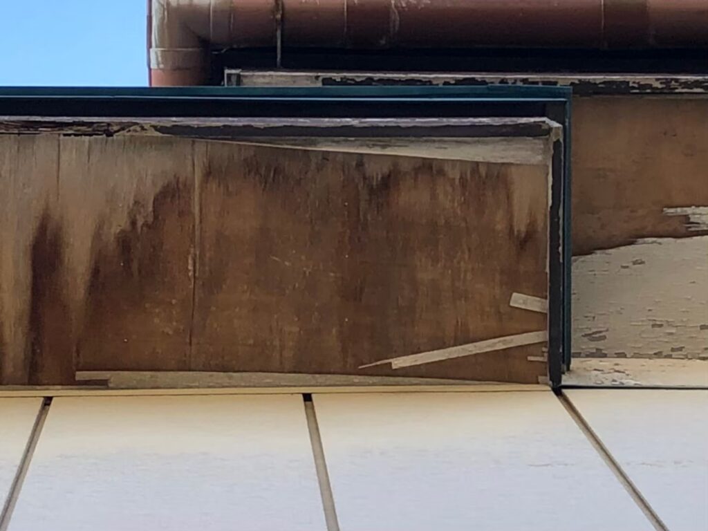 湿気や雨水の影響で軒天が腐食し、剥がれが発生している状態