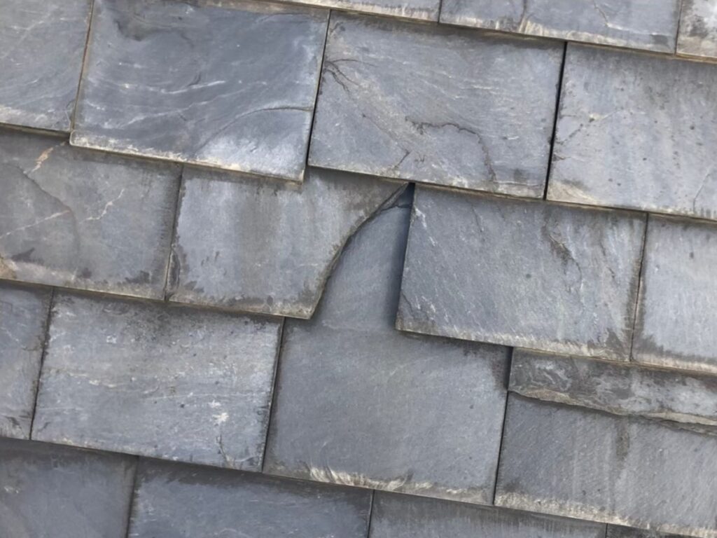 強風の影響により屋根瓦が割れて破損している状態