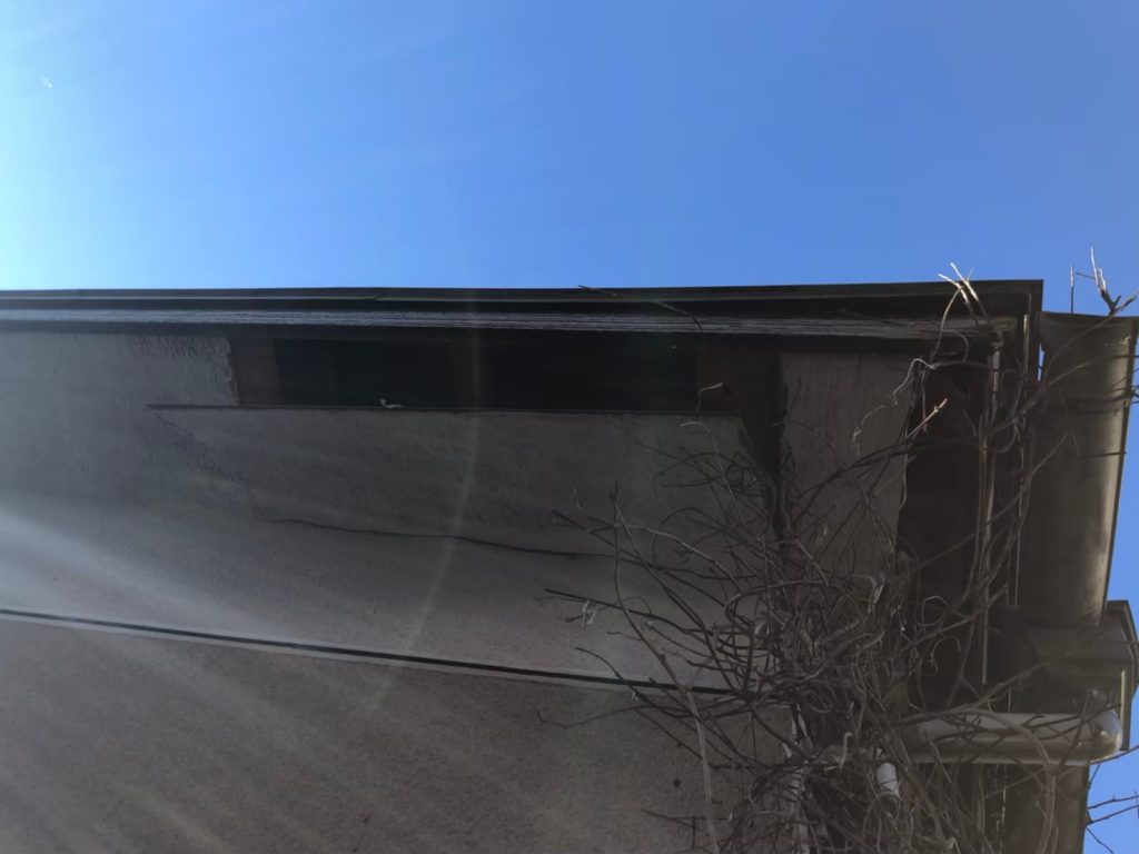 軒天に大きな穴が開き、内部の木材が見えている状態