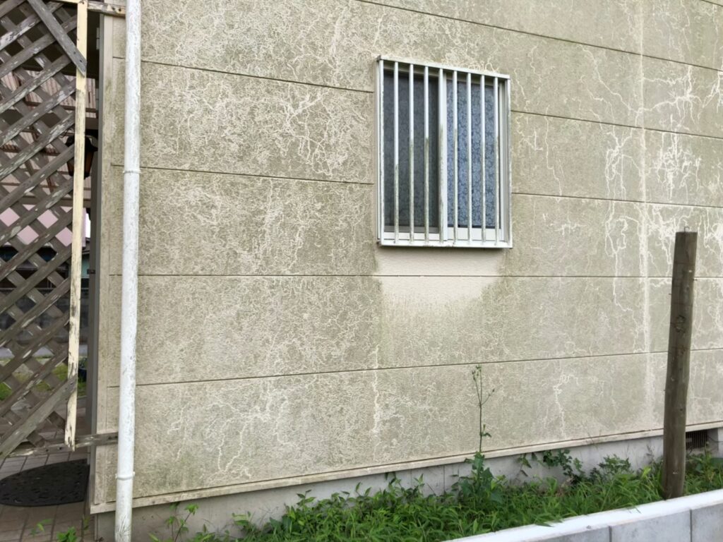経年劣化により外壁に黒ずみ汚れが付着している状態