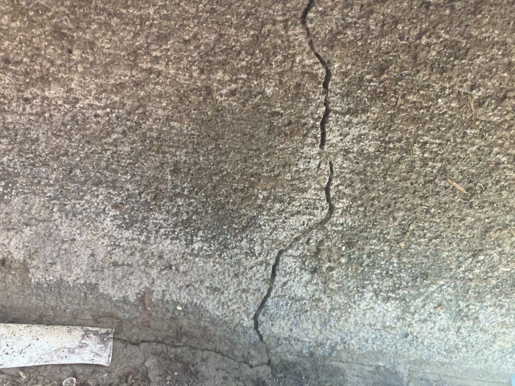 地震の影響により基礎表面にひび割れが広がり、劣化が進行している状況
