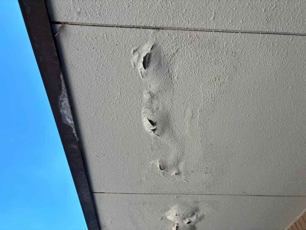 軒天ボードが膨張し破れている状態