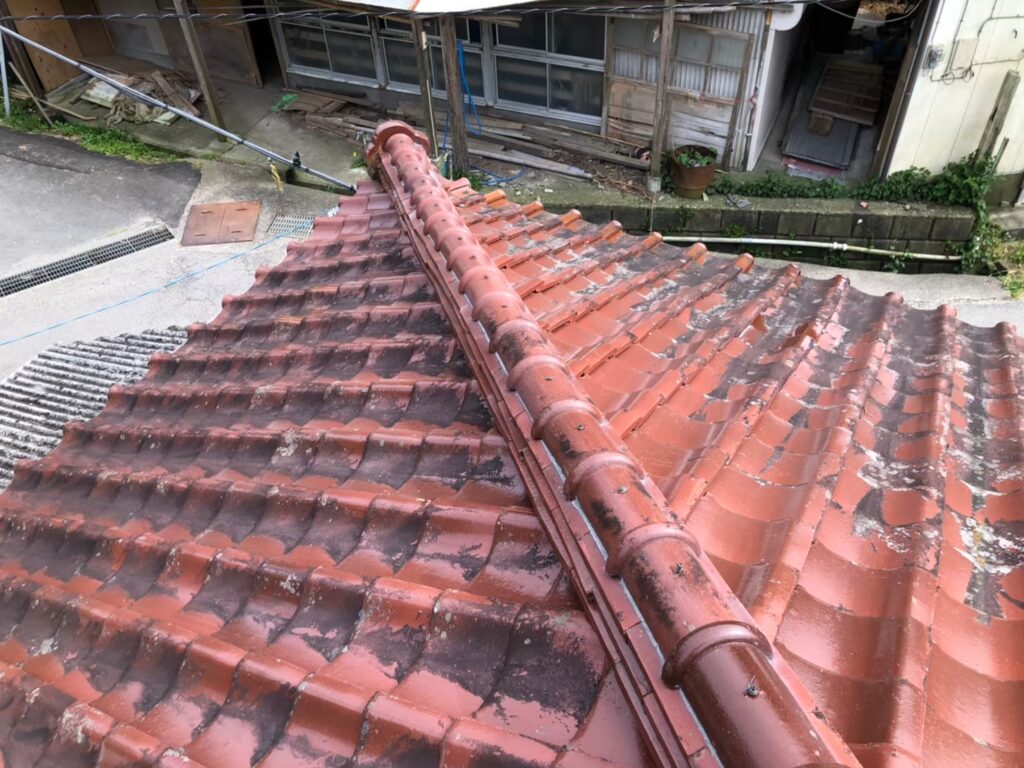 屋根材に黒ずみ汚れが発生し、防水性能が低下している状態